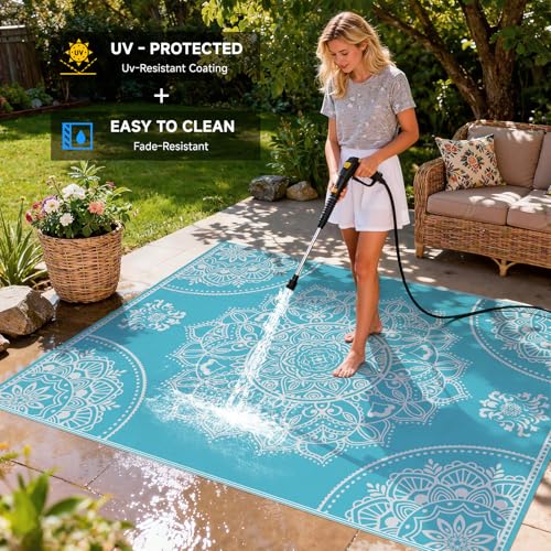 Pauwer Waterproof Outdoor Rug 8x10, Reversible Plastic Straw Patio Camping Rug, Indoor Outdoor RV Mat Carpet for Deck, Camper, Porch, Balcony, Backyard, Picnic, Floral Teal - color: Floral Teal, size: 8' x 10' (Rectangular)
