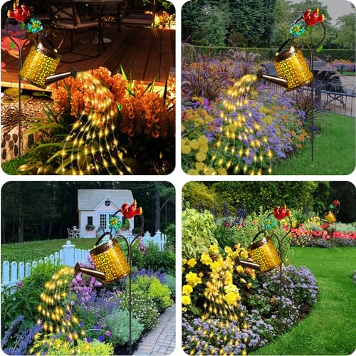 Mothers Day Gifts Solar Lights Outdoor, Watering Can with Cascading Lights, Watering Can with Hook Solar Lantern, Gardening Decor for Yard Patio, Gardening Gifts for Mom Grandma Women (2 Pack) - color: Cardinal Bird, size: 2 Pack