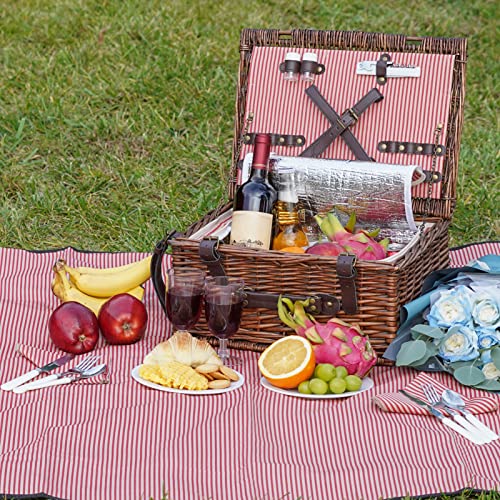 Picnic Basket Set for 2 Persons with Cooler and Waterproof Picnic Blanket, Classical Wicker Picnic Baskets with Waterproof & Sand-Proof Beach Mat,Willow Hamper Service Gift Set - size: 15.45" for 2 Persons With Cooler