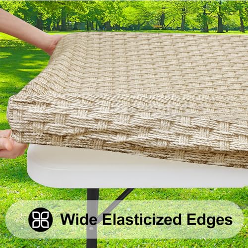 Smiry Square Table Cloth Cover, Waterproof Elastic Fitted Picnic Tablecloth, Wipeable Flannel Backed Vinyl Tablecloths for Camping, Dining, Outdoor (Weave Patterns, 36" x 36") - color: Sand, size: 36" x 36" (Square)