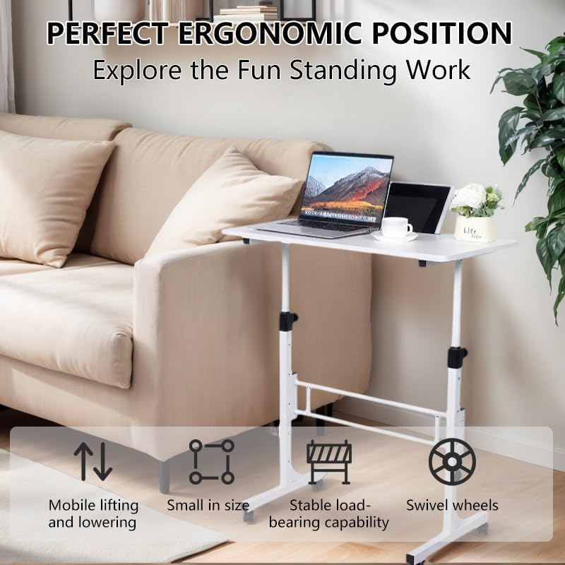 Portable Standing Desk Adjustable Height 27.5"-43.3", Small Computer Desk with Wheels, Foldable Home Office Desk, Folding Table for Laptop, Rolling Desk for Small Space, White