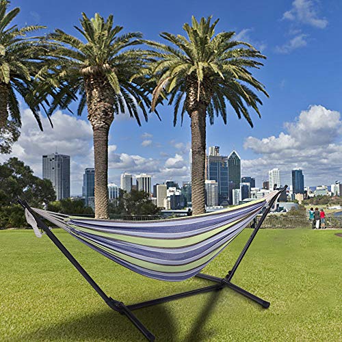 Double Hammock with Steel Stand, Adjustable Hammock Bed,Portable Outdoor Polyester Hammocks Set,2-Person Heavy-Duty Hammocks for Camping Garden Backyard Patio,250lbs Capacity (Green Stripe) - color: Green Stripe