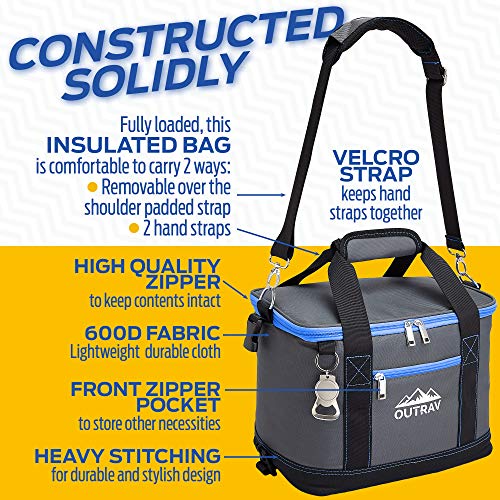 Collapsible Insulated Cooler Bag – 6L Thermal Lunch Bag with Bottle Opener, 16 Can Capacity – Perfect For Camping, Picnics and Travel - Handles and Removable Shoulder Strap - By Outrav - color: Grey with Blue Trim