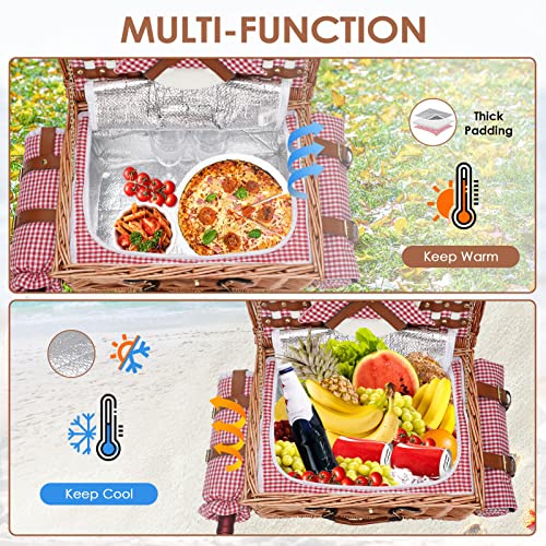 Picnic Basket for 2, Picnic Baskets with Waterproof Blanket, Picnic Hamper Set with Washable Beach Mat & Large Insulated Cooler Compartment, Handmade Natural Wicker Hamper for Camping, Outdoor Party - style: RedCheck-2P