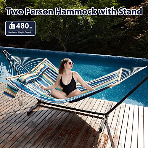 Homgava Two Person Hammock with Stand for Outside Heavy Duty, Outdoor Patio Hammock with Portable Steel Stand, Large Double Hammocks,480lbs Capacity.(Middle Blue Stripes) - color: Middle Blue Stripes