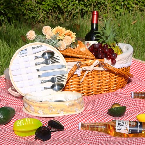 Wicker Picnic Basket with Handle, 15" Large Picnic Basket with Lid & Removable Liner, Vintage Hand Woven Basket with Cutlery Set for Picnics, Camping, Thanksgiving, and Birthday - color: Beige, size: 4-person