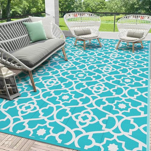 HEBE Outdoor Rug Waterproof 6x9, Plastic Straw Rug Camping Rug, Reversible Outdoor Patio Rugs RV Mat Clearance, Indoor Outside Floor Carpet for Porch,Deck,Camper,Balcony,Backyard - color: Teal, size: 6' x 9' (Rectangular)