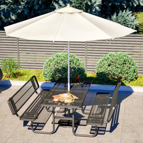 72" Rectangular Metal Picnic Tables for Outdoors with Backrest Seats Umbrella Hole - Coated Steel Heavy Duty Commercial Grade Table, Patio Rectangular Furniture Set for a Lifetime, Black - color: Black-backrest