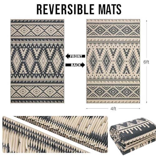 OLANLY Outdoor Rug Waterproof 4x6 ft, Reversible Outdoor Plastic Straw Rug, Boho Patio Rug, Indoor Outdoor Carpet, RV Mat Outside for Patio, Camp, Picnic, Balcony, Deck, Backyard, Black & Beige - color: Black & Beige, size: 4' X 6' (Rectangular)