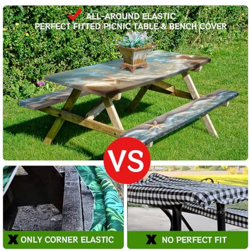 Sea Beach Picnic Table Cover with Bench Covers and Carrying Bag, Seashells Ocean Waves Tropical Hawai Rectangle Table Cover, Outdoor Patio Camping Essentials 6FT 4PCS, Camping Fitted Tablecloth