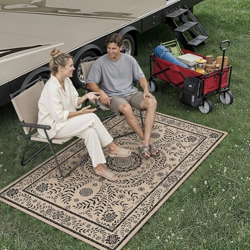 HUGEAR 3x5 Vintage Jute Indoor Outdoor Rug Washable Linen Textured Weave High Traffic Stain Resistant Non Slip Durable Carpet for Patio Deck Balcony Courtyard (Floral Black, 3' x 5') - color: Floral / Black, size: 3'x5' (Rectangular)