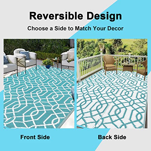 HEBE Outdoor Rug Waterproof 8x10, Reversible Plastic Straw Rug RV Camping Rug, Indoor Outdoor Patio Mat Clearance, Outside Carpet for Porch,Deck,Camper,Balcony,Backyard,Picnic - color: Line/Teal, size: 8' x 10' (Rectangular)