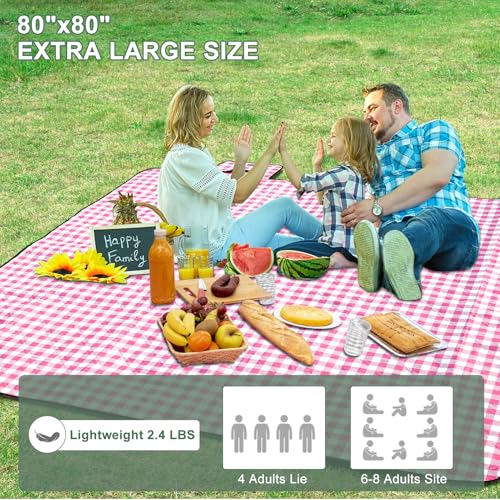Picnic Blankets Outdoor Blanket, 80''x80'' Extra Large Beach Blanket Waterproof Sandproof Foldable & Machine Washable, Vintage Gingham Grass Lawn Park Blankets for Family Camping Party Music Festival - color: Red White, size: 6'8" X 6'8" (Square)