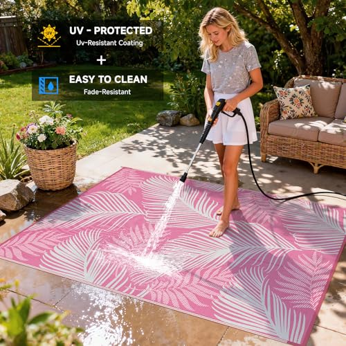 Pauwer Waterproof Outdoor Rug 6x9, Reversible Plastic Straw Patio Camping Rug, Indoor Outdoor RV Mat Carpet for Deck, Camper, Porch, Balcony, Backyard, Picnic, Leaf Pink - color: Leaf Pink, size: 6' x 9' (Rectangular)