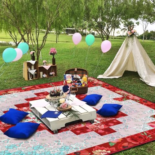 Supfitness Extra Large Picnic Blankets Waterproof Foldable (80 "x 80") Beach Blanket Waterproof Sandproof,3-Layer Thicking Mat Outdoor Packable Camping Blanket - color: Flower-8, size: 6'8" x 6'8" (Square)
