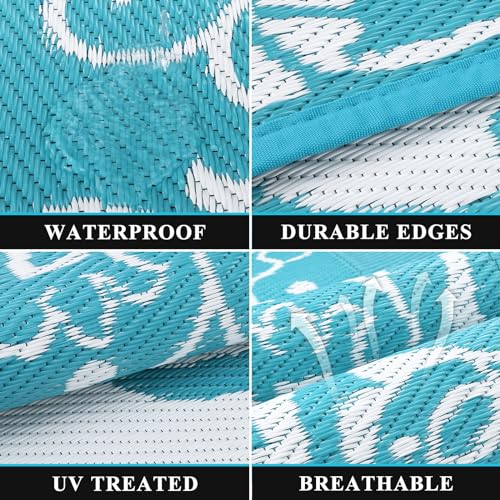 Pauwer Waterproof Outdoor Rug 5x8, Reversible Plastic Straw Patio Camping Rug, Indoor Outdoor RV Mat Carpet for Deck, Camper, Porch, Balcony, Backyard, Picnic, Boho Teal - color: Boho Teal, size: 5' x 8' (Rectangular)