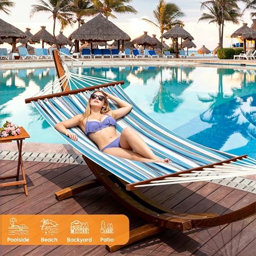 Lazy Daze Hammocks Cotton Fabric Spreader Bar Hammock and 10.5 Ft Wood Arc Hammock Stand Combo, for Indoor, Outdoor, Patio, Backyard, Blue and White - color: Blue and White