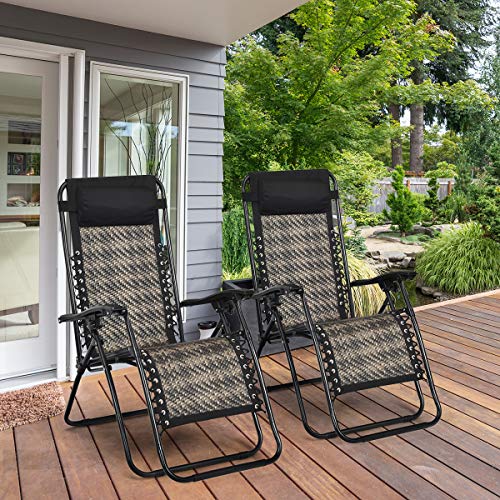 COSTWAY 2PCS Zero Gravity Lounge Chairs, Patio Rattan Recliner with Pillow, Lockable, Foldable & Lightweight, Suitable for Outdoor Use (Mix Gray) - color: Mix Gray