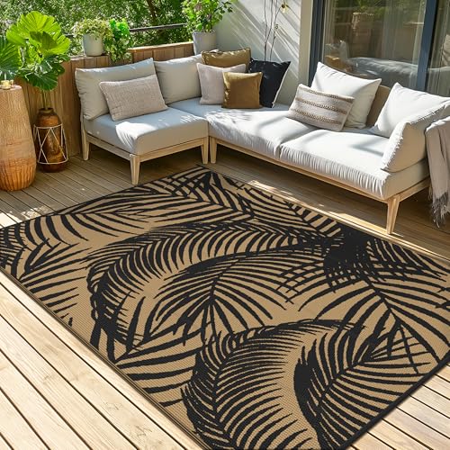 GENIMO Outdoor Rug 8' x 10' Waterproof for Patio Clearance, Reversible Plastic Straw Camping Carpet, Lightweight Mats for Rv, Backyard, Deck, Porch, Picnic, Beach, Balcony, Black & Brown - color: A.black & Brown, size: 8' x 10' (Rectangular)