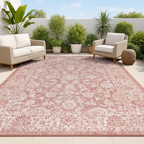 JONATHAN Y Weave Floral Indoor Outdoor Area Rug 6X9 Red/Taupe, Tela Bohemian Textured for Backyard, Patio, Porch, Easy-Cleaning, High Traffic, Pet-Friendly, Non-Shedding (SMB100A-6) - color: Red/Taupe, size: 6' x 9' (Rectangular)
