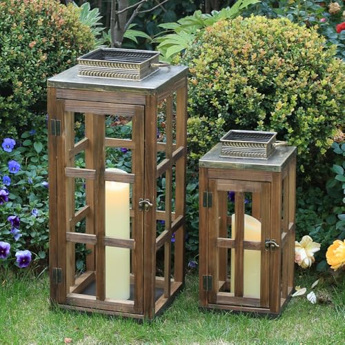Large Farmhouse Wooden Metal Lantern Set of 2, 28''/20'' H Rustic Decorative Indoor & Outdoor Hanging Candle Lanterns, Wooden Outdoor Lanterns for Patio Front Porch Table, Dark Brown - color: Rustic Brown, size: 2 Pcs-28''/20'' H