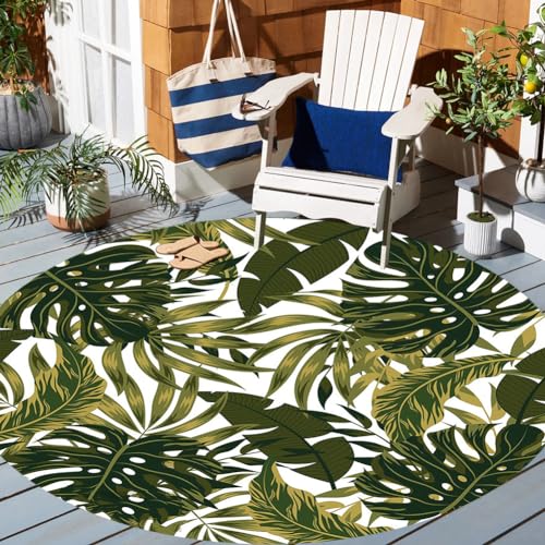 Brown Green Yellow Boho Floral Waterproof Indoor Outdoor Area Rug 2' Jungle Tropical Round Rug for Patio Balcony Deck Porch Camping Washable Outside Carpet - color: G, size: 2ft