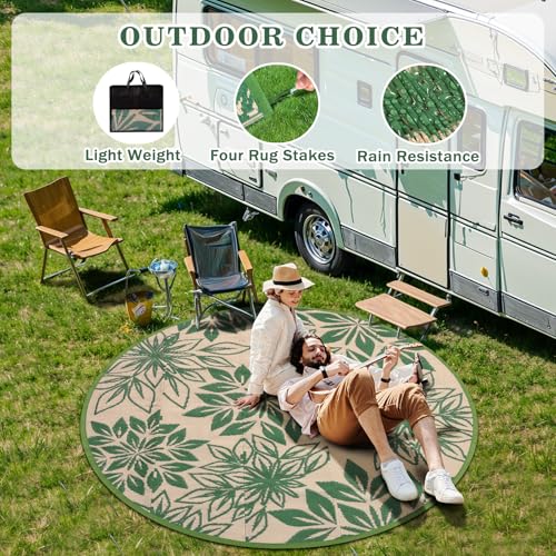 6ft Round Waterproof Outdoor Rug for Patio, Green Reversible Plastic Straw Carpet, Boho Outdoor Rugs, Fade Resistant & Easy Clean Deck Mat, Ideal for Porch, Backyard, RV, Camping and Picnic - color: Green, size: 6' (Round)