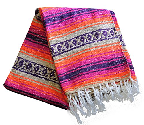 Del Mex Classic Mexican Blanket, Large Authentic Woven Falsa Throw (70"x50"), Artisan Southwest Décor for Beach, Yoga, Outdoors (Pink/Orange) - color: Pink/Orange