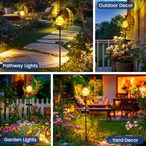 Fairy Garden Solar Lights Outdoor Decor, Moon Garden Stakes, Waterproof Outdoor Metal Decorations Gifts for Women and Mom, Art Moon Sculpture for Walkway, Yard, Patio, Garden and Porch, 2 Pack - size: 2