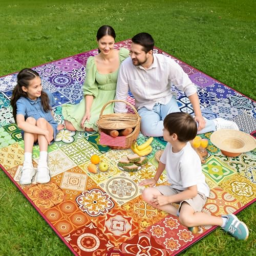 Supfitness Extra Large Picnic Blankets Waterproof Foldable (80 "x 80") Beach Blanket Waterproof Sandproof,3-Layer Thicking Mat Outdoor Packable Camping Blanket(Bohemian) - color: Multi Color, size: 80x80in