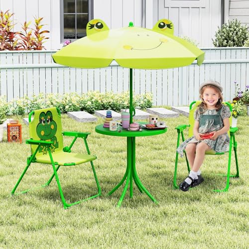 Costzon Kids Picnic Table, Kids Outdoor Table with 2 Folding Chairs, Height Adjustable Umbrella, Portable Children Outdoor Furniture for Patio, Garden, Backyard (Light Green) - color: Light Green Frog