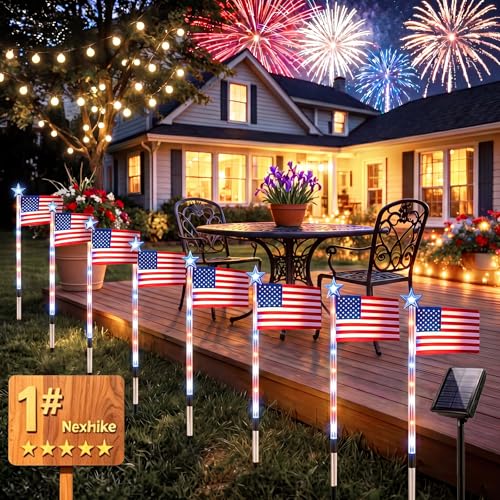 8 Piece Solar American Flag Pathway Stake Light Set, Patriotic Red White Blue Waterproof LED Outdoor Yard Garden Stake with 8 Lighting Modes for 250th Anniversary, 4th of July Decoration (A) - color: A