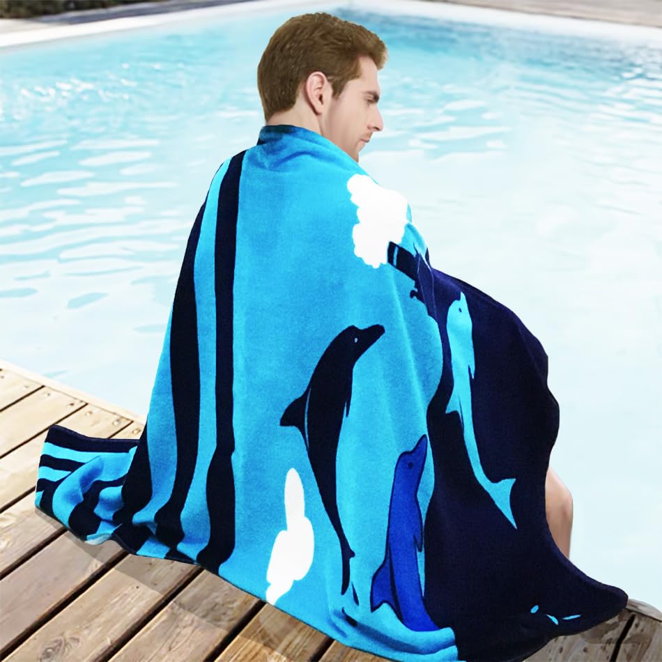 4-Pack Beach Towels 100% Cotton Extra Large XL 34"x63" Soft Absorbent Velour Throw Blanket Gift for Bath Holiday Swimming Pool Sports Camping Picnic Yoga, Dolphin Shark Vessel. - color: Shark Dolphin Stripe, size: 63.00"x34.00"
