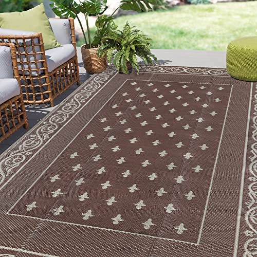 Pauwer Waterproof Outdoor Rug 6x9, Reversible Plastic Straw Patio Camping Rug, Indoor Outdoor RV Mat Carpet for Deck, Camper, Porch, Balcony, Backyard, Picnic, Bordered Brown - color: Bordered Brown, size: 6' x 9' (Rectangular)