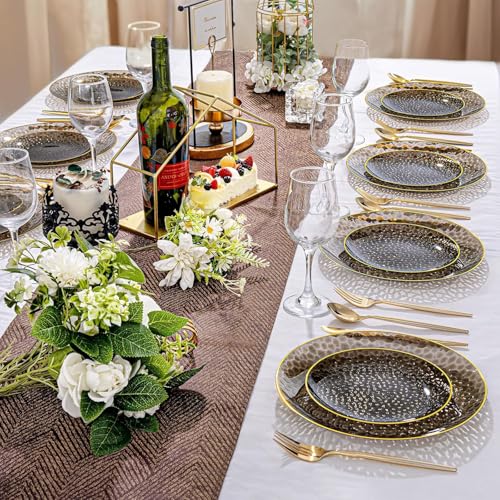 Rubtlamp 60Pcs Black Plastic Plates, Black Disposable Plates With Gold Rim, Clear Heavy-duty Party Plates, Hammered Plastic plates Include 30 Dessert Platos, 30 Dinner Platos for Party - color: Clear Black Gold