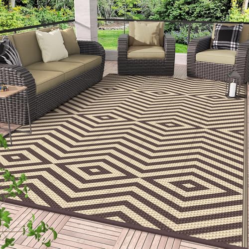 GENIMO Outdoor Rug for Patio Clearance, 6'x9' Reversible Plastic Straw Rugs, Lightweight Waterproof Modern RV Camping Mat for Camper, Balcony, Deck, Backyard, Picnic, Coffee Beige - color: Coffee&beige-x, size: 6' x 9' (Rectangular)