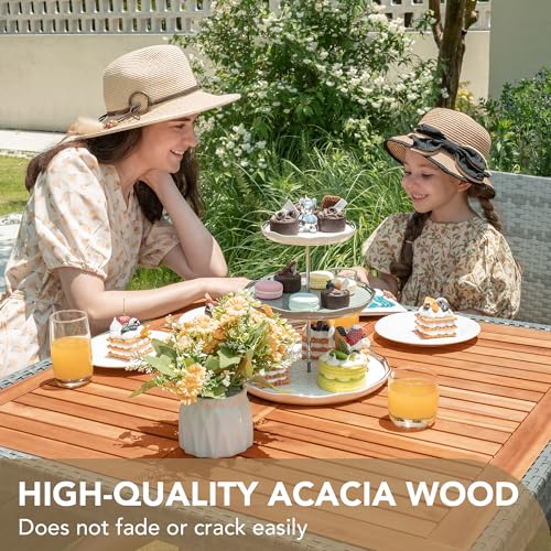 Devoko 5 PCS Furniture, Patio Conversation Set with Acacia Wood Top, Rattan Outdoor Dining Table and Chairs for Backyard, Garden, Deck, Grey - color: Grey, style: 5 Piece Dining Set