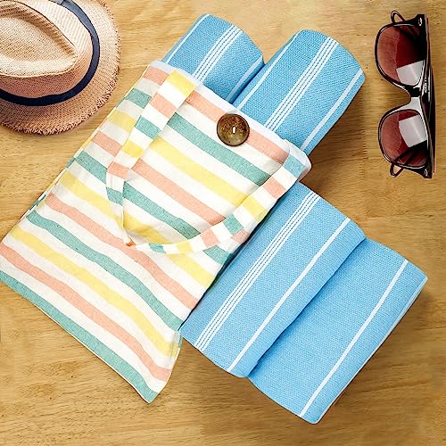 HILLFAIR Cotton Turkish Beach Towels, Quick Dry Lightweight Sand Free Peshtemal Towel for Bath Swim Yoga Pool Travel, Beach Accessories, Oversized Cotton Turkish Towels (39 x 72 inch- 4 Pack Sky) - color: Sky, size: 39 x 72 inch ( Beach towel - 4 PACK )