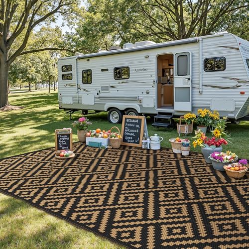 sarben Outdoor Rug for Patio - Waterproof Plastic Straw Camping Rugs 8x16 ft, Reversible Outdoor Indoor RV Mat Carpet for Patio, Porch, Deck, Balcony, Picnic, Beach, Black Brown - color: Black&brown, size: 8' x 16' (Rectangular)