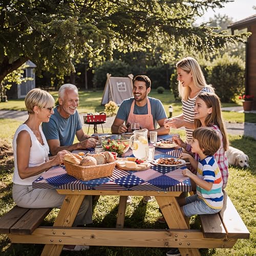 Fitted Waterproof Picnic Table Cover with Bench Covers Elastic 72×30Inch Weather Proof Non Slip Camping Table Clothes for 6Feet Rectangle Tables Campers Summer Fall Travel Hiking Tools Gifts - color: Patchwork American Flag, size: 72" x 30" (Rectangular)