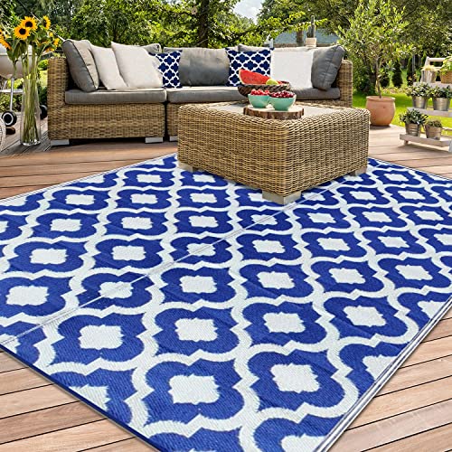 Outdoor Rug - 2 PK 5x7 Blue, Reversible Recycled Plastic Straw Outdoor Patio Rugs Clearance Waterproof Large RV Camper Mats 491 - color: Blue, White, size: 2 Pack 5 ft x 7 ft (Rectangular)