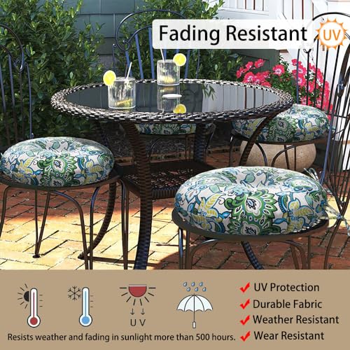 Magpie Fabrics Outdoor Round Bistro Seat Cushions with Ties, 15"x15"x4" Set of 2, Tufted Waterproof Barstool Chair Pads for Patio Home Garden Office, Floral Blue Green - color: Floral Blue Green