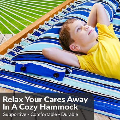 Sunnydaze Quilted Double Hammock for Outside with Spreader Bars and Pillow - 450 lb Capacity, 74x55 Inch Bed, UV Resistant, Quick Dry - Chains Included, Stand Sold Separately - Catalina Beach - color: Catalina Beach