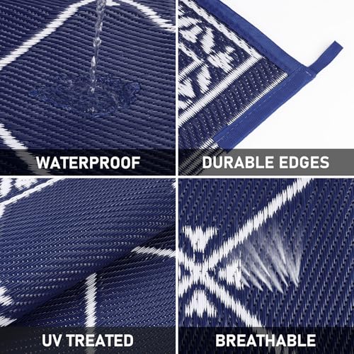 Outdoor Rug 10'x14' for Patios Waterproof Patio Rugs Outdoor Mats for Front Porch,Beach Mat,Reversible Plastic Straw Camping Rugs for Outside RV,Deck,Balcony,Backyard Navy Blue - color: Classic Blue, size: 10' x 14' (Rectangular)