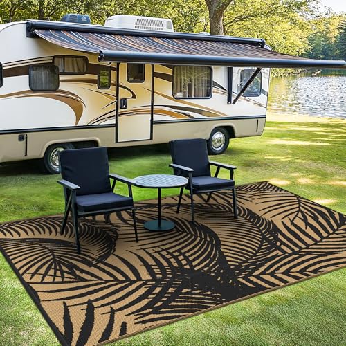 GENIMO Outdoor Rug 9' x 12' Waterproof for Patio Clearance, Reversible Plastic Straw Camping Carpet, Lightweight Mats for Rv, Backyard, Deck, Porch, Picnic, Beach, Balcony, Black & Brown - color: A.black & Brown, size: 9' x 12' (Rectangular)