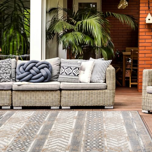 Rugshop Distressed Geometric Indoor/Outdoor Beige Area Rug Modern Tribal Stripe, Durable Stain Resistant Perfect for Patio, Backyard, Deck and Outdoor Lounge 12' x 15' - size: 12' x 15' (Rectangular)