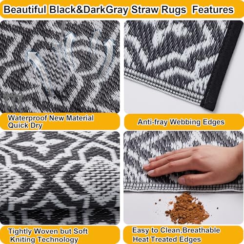 Alfolo Outdoor Rug Waterproof 4x6 Outdoor Mat Small Porch Balcony Rug,Reversible Plastic Straw Rug for Camping Black and White Outdoor Mats for Patio, Deck, RV, Camping, Beach, Backyard - color: Black&gray, size: 4' x 6' (Rectangular)