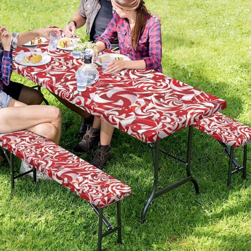 Xmas Elastic Fitted Table Cloth for Camping Party Supplies 3 PCS Set Christmas Swirl Candy Outdoor Picnic Table Cover with Bench Covers - color: Christmas Swirl Candy, size: Small