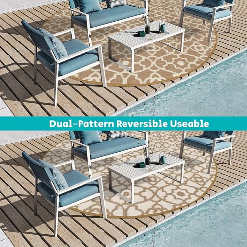 HEBE Outdoor Rug Waterproof 8ft, Plastic Straw Rug Camping Rug, Reversible Outdoor Patio Rugs RV Mat Clearance, Indoor Outside Floor Carpet for Porch,Deck,Camper,Balcony,Backyard - color: Beige, size: 8' (Round)