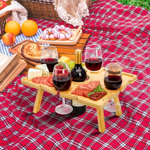 Coloch Portable Bamboo Wine Picnic Table with Wine Glass Holder, Foldable Rectangle Picnic Table Tray Beach Snack Table for Outdoor, Park, Beach, Camping, Wine Lover Gift